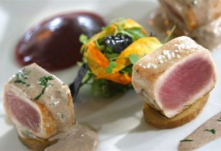 Seared Tuna Medallions with Herb Mousseline and Beet Ravioli