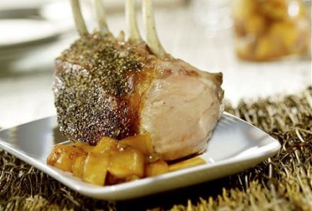 Honey-Lacquered Roast Rack of Piglet with Pineapple-Raisin Chutney and Kaffir Red Curry Rice