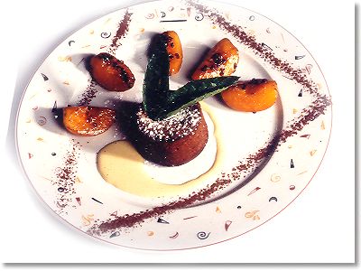 Dark Chocolate Cake with Roasted Apricots and Tonka Bean Crème Anglaise
