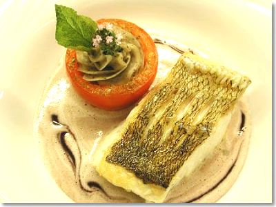 Pike-Perch Fillet with Violet Mustard Sauce and Stuffed Tomato