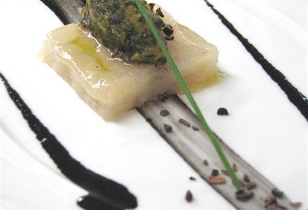 Scallop Pavé with Cuttlefish Ink, Chard and Pumpkin (165.15 calories per serving)