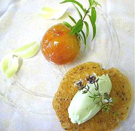 Peaches Poached in Fresh Lemon Verbena Juice with Verbena Sorbet and Rosemary Tuiles