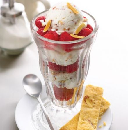 Toasted almond sherbet with raspberries