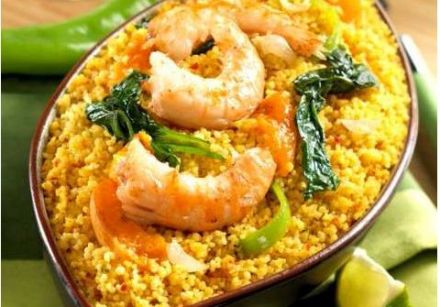 Pan-seared prawns with apricots and spiced couscous