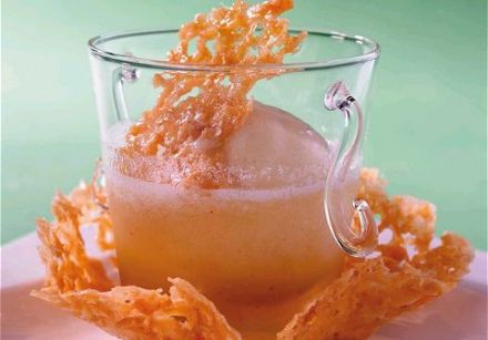 White Peach Granita with Tuiles and Lemon Grass Infusion