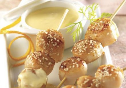 Sesame Scallop Skewers with Beurre Blanc