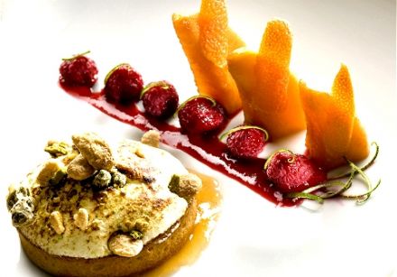 Raspberry Melon Tart with Meringue and Nuts