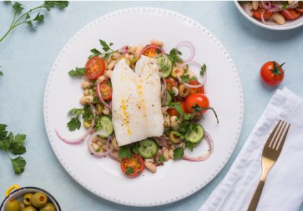 Oven Baked Cod on a Stuffed Manzanilla Olives and White Bean Salad