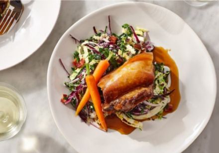 Maple syrup-braised pork belly with maple glazed carrots and maple vinegar coleslaw