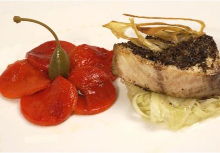 Cobia Steaks with Black Olive and Caper Tapenade
