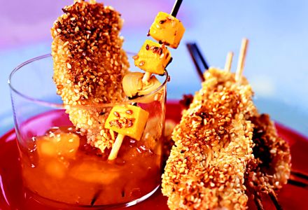 Rabbit Brochettes with Sesame and Diced Mango