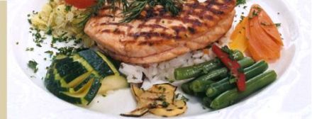 Grilled Salmon Tournedos with Citrus Butter, Basmati Rice and Little Seasonal Vegetables