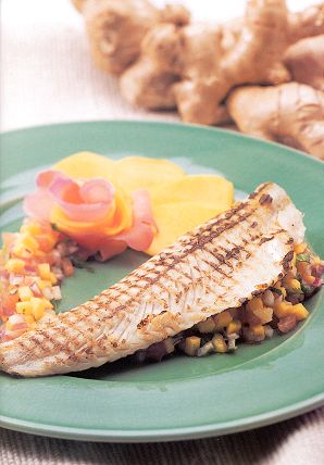 Grilled Walleye with Fresh Mango Salsa, Pickled Ginger and Cilantro