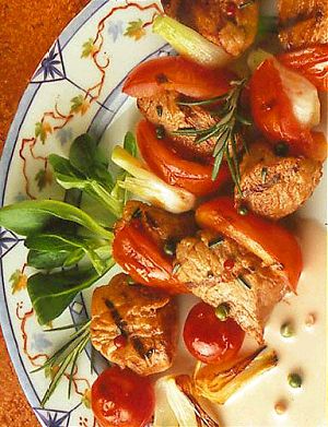 Veal Brochettes with Pink and Green Peppercorns