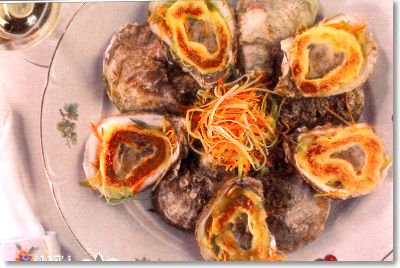 Malpeque Oysters with Gratinéed Sabayon on Julienned Root Vegetables