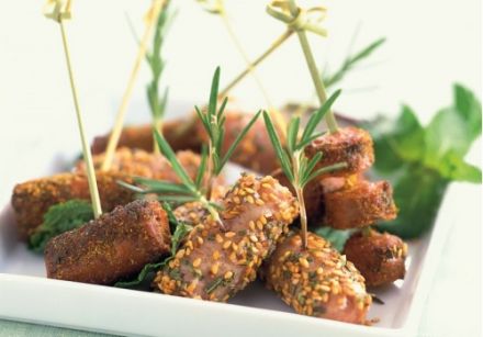 Little Skewers of Chipolatas with Rosemary and Sesame Seeds and Merguez with Eastern Spices